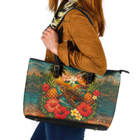Hawaiian Turtles on Beach Leather Tote Bag with Pineapple Tropical Plant and Lei LT03 Multicolor - Polynesian Pride
