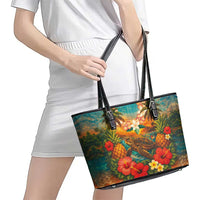 Hawaiian Turtles on Beach Leather Tote Bag with Pineapple Tropical Plant and Lei LT03 - Polynesian Pride