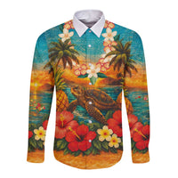 Hawaiian Turtles on Beach Long Sleeve Button Shirt with Pineapple Tropical Plant and Lei LT03 Unisex Multicolor - Polynesian Pride