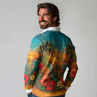 Hawaiian Turtles on Beach Long Sleeve Polo Shirt with Pineapple Tropical Plant and Lei LT03 - Polynesian Pride