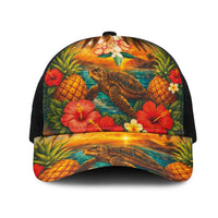 Hawaiian Turtles on Beach Mesh Trucker Cap with Pineapple Tropical Plant and Lei LT03 One Size Black Multicolor - Polynesian Pride