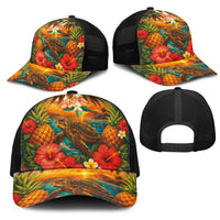 Hawaiian Turtles on Beach Mesh Trucker Cap with Pineapple Tropical Plant and Lei LT03 - Polynesian Pride