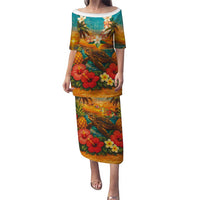 Hawaiian Turtles on Beach Puletasi with Pineapple Tropical Plant and Lei LT03 Long Dress Multicolor - Polynesian Pride