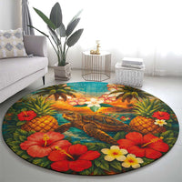 Hawaiian Turtles on Beach Round Carpet with Pineapple Tropical Plant and Lei LT03 - Polynesian Pride