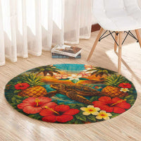 Hawaiian Turtles on Beach Round Carpet with Pineapple Tropical Plant and Lei LT03 - Polynesian Pride