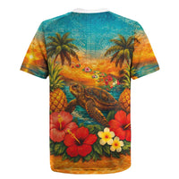Hawaiian Turtles on Beach Rugby Jersey with Pineapple Tropical Plant and Lei LT03 - Polynesian Pride