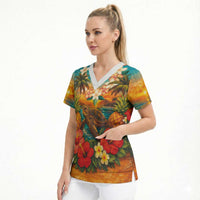 Hawaiian Turtles on Beach Scrub Top with Pineapple Tropical Plant and Lei LT03 - Polynesian Pride