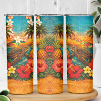 Hawaiian Turtles on Beach Skinny Tumbler with Pineapple Tropical Plant and Lei LT03 - Polynesian Pride