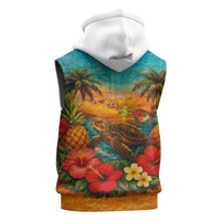 Hawaiian Turtles on Beach Sleeveless Zip Hoodie with Pineapple Tropical Plant and Lei LT03 - Polynesian Pride