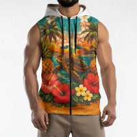 Hawaiian Turtles on Beach Sleeveless Zip Hoodie with Pineapple Tropical Plant and Lei LT03 - Polynesian Pride