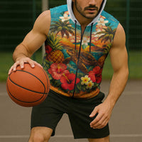 Hawaiian Turtles on Beach Sleeveless Zip Hoodie with Pineapple Tropical Plant and Lei LT03 - Polynesian Pride