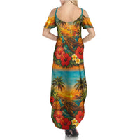 Hawaiian Turtles on Beach Summer Maxi Dress with Pineapple Tropical Plant and Lei LT03 - Polynesian Pride