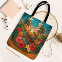 Hawaiian Turtles on Beach Tote Bag with Pineapple Tropical Plant and Lei LT03 Black Strap One Size Multicolor - Polynesian Pride