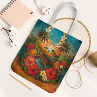 Hawaiian Turtles on Beach Tote Bag with Pineapple Tropical Plant and Lei LT03 White Strap One Size Multicolor - Polynesian Pride