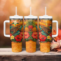 Hawaiian Turtles on Beach Tumbler With Handle with Pineapple Tropical Plant and Lei LT03 - Polynesian Pride