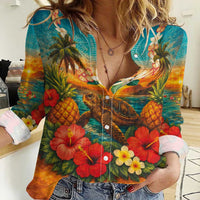 Hawaiian Turtles on Beach Women Casual Shirt with Pineapple Tropical Plant and Lei LT03 Female Multicolor - Polynesian Pride