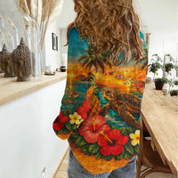 Hawaiian Turtles on Beach Women Casual Shirt with Pineapple Tropical Plant and Lei LT03 - Polynesian Pride