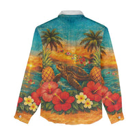 Hawaiian Turtles on Beach Women Casual Shirt with Pineapple Tropical Plant and Lei LT03 - Polynesian Pride