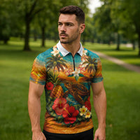 Hawaiian Turtles on Beach Zipper Polo Shirt with Pineapple Tropical Plant and Lei LT03 - Polynesian Pride