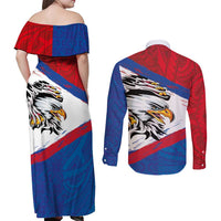 American Samoa Flag Day Couples Matching Off Shoulder Maxi Dress and Long Sleeve Button Shirt Polynesian Art Geometric with Flag Brush Style LT03 - Polynesian Pride