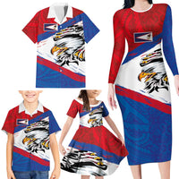 American Samoa Flag Day Family Matching Long Sleeve Bodycon Dress and Hawaiian Shirt Polynesian Art Geometric with Flag Brush Style