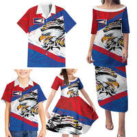 American Samoa Flag Day Family Matching Puletasi and Hawaiian Shirt Polynesian Art Geometric with Flag Brush Style