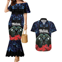 New Zealand Maori Matariki Couples Matching Mermaid Dress and Hawaiian Shirt Hongi Tui Bird Pohutukawa and Polynesia Tribal LT03 Black - Polynesian Pride