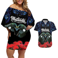 New Zealand Maori Matariki Couples Matching Off Shoulder Short Dress and Hawaiian Shirt Hongi Tui Bird Pohutukawa and Polynesia Tribal LT03 Black - Polynesian Pride