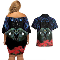 New Zealand Maori Matariki Couples Matching Off Shoulder Short Dress and Hawaiian Shirt Hongi Tui Bird Pohutukawa and Polynesia Tribal LT03 - Polynesian Pride