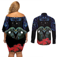 New Zealand Maori Matariki Couples Matching Off Shoulder Short Dress and Long Sleeve Button Shirt Hongi Tui Bird Pohutukawa and Polynesia Tribal
