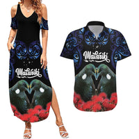 New Zealand Maori Matariki Couples Matching Summer Maxi Dress and Hawaiian Shirt Hongi Tui Bird Pohutukawa and Polynesia Tribal LT03 Black - Polynesian Pride
