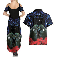 New Zealand Maori Matariki Couples Matching Summer Maxi Dress and Hawaiian Shirt Hongi Tui Bird Pohutukawa and Polynesia Tribal LT03 - Polynesian Pride