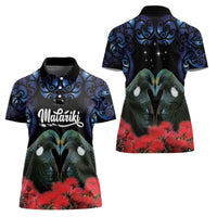 New Zealand Maori Matariki Women Polo Shirt Hongi Tui Bird Pohutukawa and Polynesia Tribal