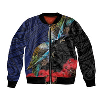 New Zealand Maori Hongi Culture Bomber Jacket Tui Bird Pohutukawa and Polynesian Pattern LT03 Unisex Blue - Polynesian Pride