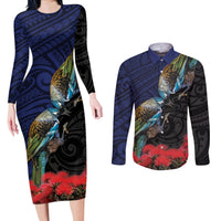 New Zealand Maori Hongi Culture Couples Matching Long Sleeve Bodycon Dress and Long Sleeve Button Shirt Tui Bird Pohutukawa and Polynesian Pattern