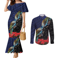 New Zealand Maori Hongi Culture Couples Matching Mermaid Dress and Long Sleeve Button Shirt Tui Bird Pohutukawa and Polynesian Pattern