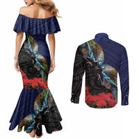 New Zealand Maori Hongi Culture Couples Matching Mermaid Dress and Long Sleeve Button Shirt Tui Bird Pohutukawa and Polynesian Pattern