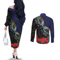 New Zealand Maori Hongi Culture Couples Matching Off The Shoulder Long Sleeve Dress and Long Sleeve Button Shirt Tui Bird Pohutukawa and Polynesian Pattern