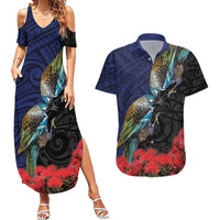 New Zealand Maori Hongi Culture Couples Matching Summer Maxi Dress and Hawaiian Shirt Tui Bird Pohutukawa and Polynesian Pattern LT03 Blue - Polynesian Pride
