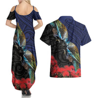 New Zealand Maori Hongi Culture Couples Matching Summer Maxi Dress and Hawaiian Shirt Tui Bird Pohutukawa and Polynesian Pattern LT03 - Polynesian Pride