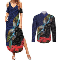 New Zealand Maori Hongi Culture Couples Matching Summer Maxi Dress and Long Sleeve Button Shirt Tui Bird Pohutukawa and Polynesian Pattern LT03 Blue - Polynesian Pride