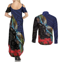 New Zealand Maori Hongi Culture Couples Matching Summer Maxi Dress and Long Sleeve Button Shirt Tui Bird Pohutukawa and Polynesian Pattern LT03 - Polynesian Pride