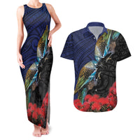 New Zealand Maori Hongi Culture Couples Matching Tank Maxi Dress and Hawaiian Shirt Tui Bird Pohutukawa and Polynesian Pattern