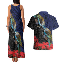 New Zealand Maori Hongi Culture Couples Matching Tank Maxi Dress and Hawaiian Shirt Tui Bird Pohutukawa and Polynesian Pattern