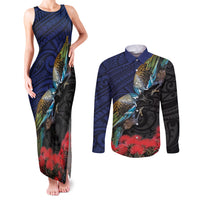 New Zealand Maori Hongi Culture Couples Matching Tank Maxi Dress and Long Sleeve Button Shirt Tui Bird Pohutukawa and Polynesian Pattern