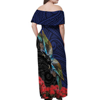 New Zealand Maori Hongi Culture Off Shoulder Maxi Dress Tui Bird Pohutukawa and Polynesian Pattern