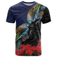 New Zealand Maori Hongi Culture T Shirt Tui Bird Pohutukawa and Polynesian Pattern