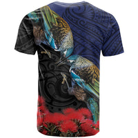 New Zealand Maori Hongi Culture T Shirt Tui Bird Pohutukawa and Polynesian Pattern