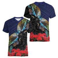 New Zealand Maori Hongi Culture Women V-Neck T-Shirt Tui Bird Pohutukawa and Polynesian Pattern