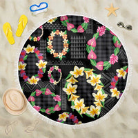Hawaiian Kakau Tattoo Leis and Palaka Pattern Beach Blanket Traditional Aloha Tribal Black Color LT03 One Size 150cm Black - Polynesian Pride